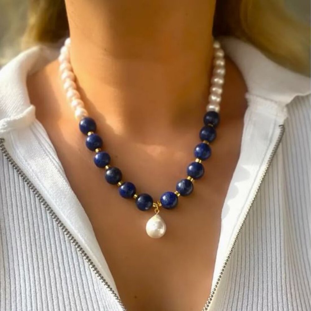 NEW Classic Pearl and Lapis Blue Beaded Drop Necklace